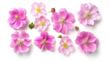 Place a few wild rose flowers evenly spaced on a white background