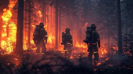 Action image of Firefighters standing forest fire.generative ai