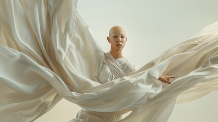 The image depicts a tall, futuristic sci-fi ballerina in a white body suit, wearing a retro glass bowl helmet on a floaty ribbon wave 3D illustration