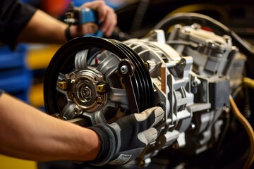 Obraz premium Mechanic Installing New Alternator in Car - Process and Tools Depicted in Detailed Close-Up