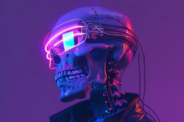 CG rendering of a futuristic necromancer with human skull and metal teeth wearing a sci-fi VR headset. Black armor with glowing pink white wires floating in the air.