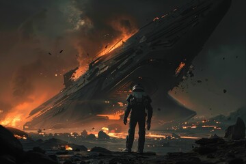 Obraz premium The scene of a war in space with a soldier and fire from a crashing spaceship in science fiction