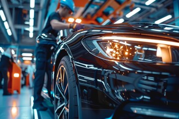 Hybrid Car Undergoing Comprehensive Service Check by Mechanics Using Advanced Diagnostic Tools