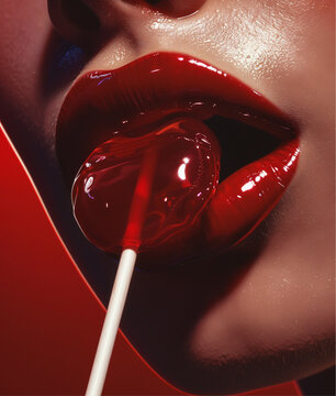 Close up of very large red lips, licking lollipop