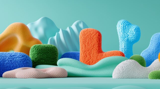 A highly detailed and vibrant 3D abstract composition with a playful surreal aesthetic The scene features a variety of soft plush shapes in bright bold colors like blue green orange and pink arranged