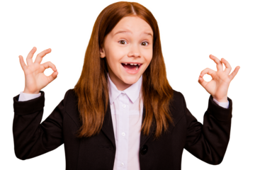 Close-up portrait of nice attractive confident content cheerful cheery optimistic pre-teen girl learner showing two double ok-sign cool ad advert isolated over beige pastel background