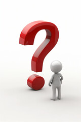 Big red 3D question mark with white character thinking about business strategy success and marketing concept background.