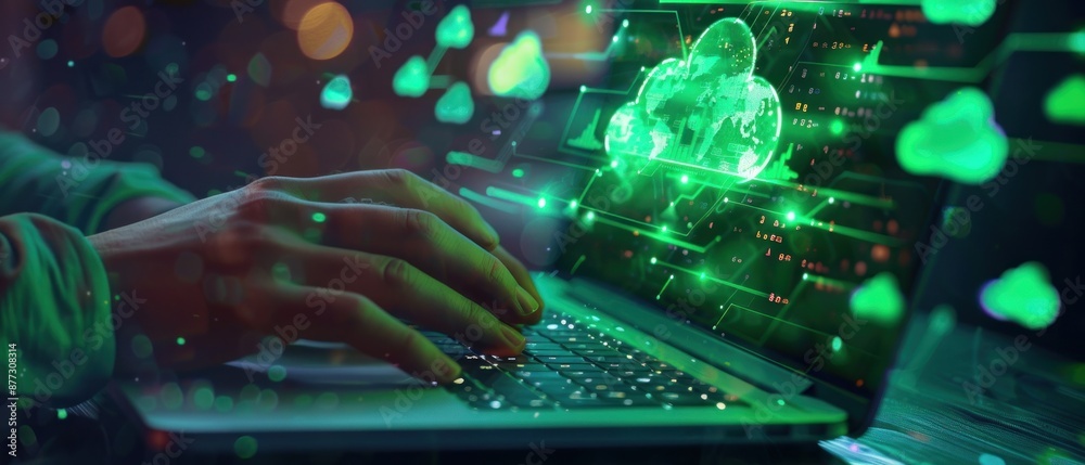 Poster hand typing on laptop with connection cloud computing data transfer