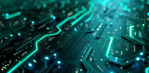 Obraz premium IC circuit design on abstract sci-fi hi-tech equipment background. Blue surface. 3D illustration, 3D rendering.
