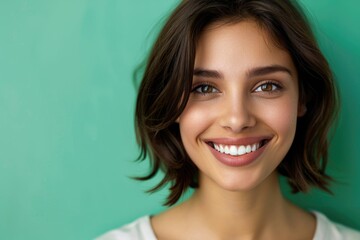 Fototapeta premium Dentist Green. Pretty Lady with Bright Shine Veneers and Charming Smile On Green Background