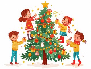 Children decorating a Christmas tree with ornaments, gifts, and festive cheer in a joyful holiday atmosphere.