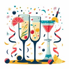 Colorful festive cocktails with confetti, streamers, and fruits, perfect for celebrations, parties, and holiday events.