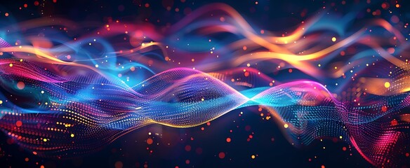 Vibrant 3d sound waves in abstract colorful motion on dark background - dynamic data visualization and abstract points graph - digital art illustration for multimedia and technology