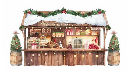 Festive Christmas market stand adorned with holiday decorations, selling seasonal treats and gifts, creating a cozy holiday shopping atmosphere.