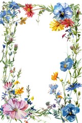 Obraz premium Floral Rectangle. Watercolor Hand-painted Wildflowers Border on White Background
