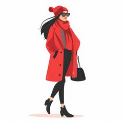 Stylish woman in red winter coat, hat, and boots, walking confidently with a black handbag. Elegant fashion illustration.