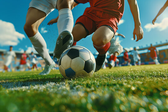 A football player drives the ball onto the field during a match, dodging an opponent