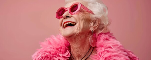 Naklejka premium A older woman in a pink dress with sunglasses on her face is smiling. Free copy space for text.