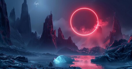 Obraz premium Sci-fi alien planet landscape surreal lighting space travel glow ring red neon light 3D rendering