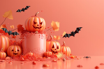 A Halloween scene with pumpkins and bats