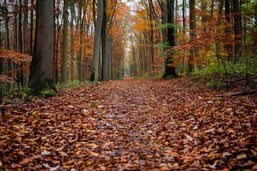 Beautiful autumn forest pathway covered in fallen leaves with colorful trees creating a serene and tranquil natural scene.
