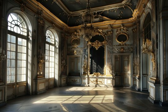 Sunlight streaming through arched windows, illuminating a grand ballroom adorned with gilded details