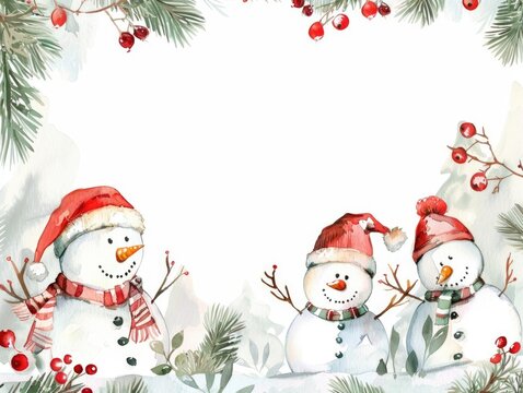Cute Christmas Border. Snowman Family in Watercolor on White Background with Red Hat and Red Scarf