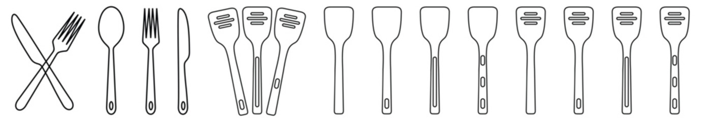 Fork, knife, spoon and plate set icons line art.