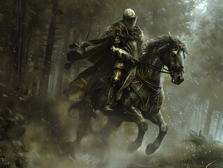 Fototapeta premium A knight in full armor rides a black horse through a misty forest.