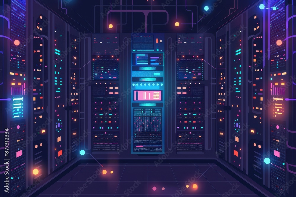 Poster a futuristic server room filled with glowing, colorful lights and advanced technology, showcasing th