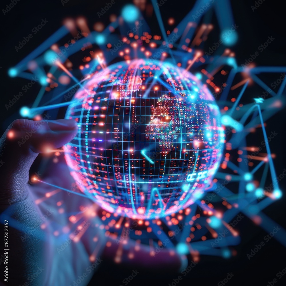Aufkleber a digital globe in a hand with futuristic network connections, symbolizing technology, global connec