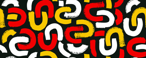 Abstract seamless pattern of colorful semicircles shaped elements  with rough edges. Arch geometrical ornament. Thin curved doodle lines.