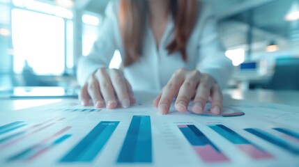 A businesswoman reviews financial charts and graphs at her desk, analyzing data for a report in an office setting.
