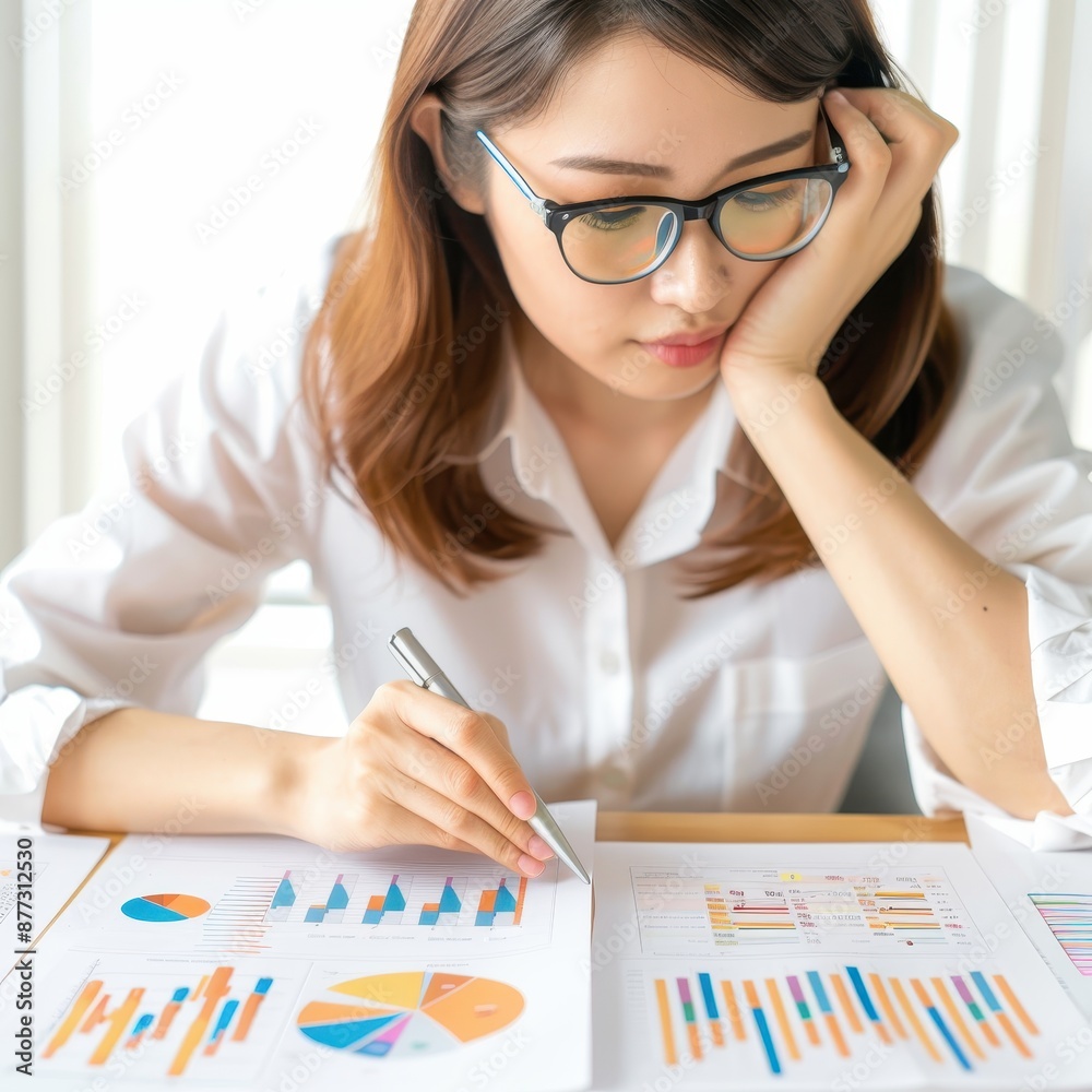 Poster Woman analyzing financial charts and graphs at work, focusing on data and statistics with concentration and dedication in a bright office.