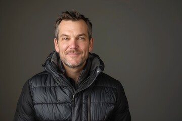 Fototapeta premium Portrait of a satisfied caucasian man in his 40s donning a durable down jacket on blank studio backdrop