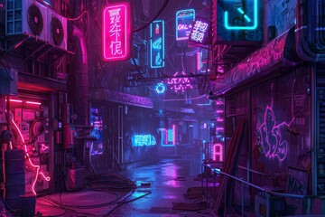 Obraz premium Neon Lights Illuminate a Cyberpunk Alleyway at Night