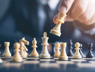 Strategic chess move with hand holding and moving the king piece on a chessboard during an intense game.