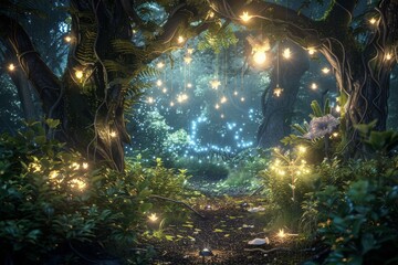 Enchanting Forest Path Lit By String Lights At Dusk