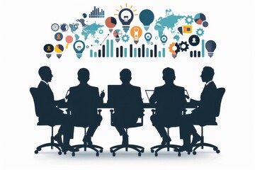 Fototapeta premium Silhouette of business people in a meeting with infographics, global data analysis, and lightbulb icons representing ideas and discussions.