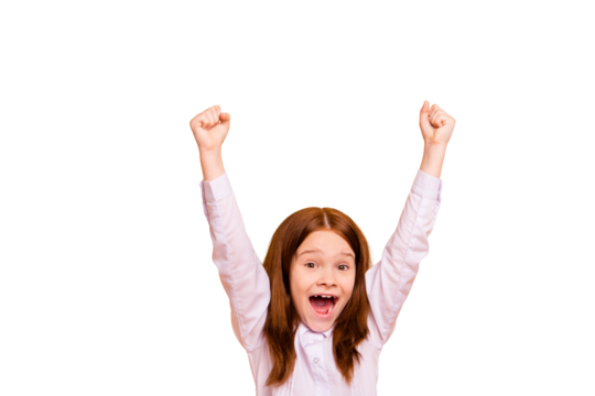 Portrait of nice attractive crazy cheerful cheery overjoyed ecstatic pre-teen girl great cool attainment accomplishment rejoicing raising hands up isolated over beige pastel background