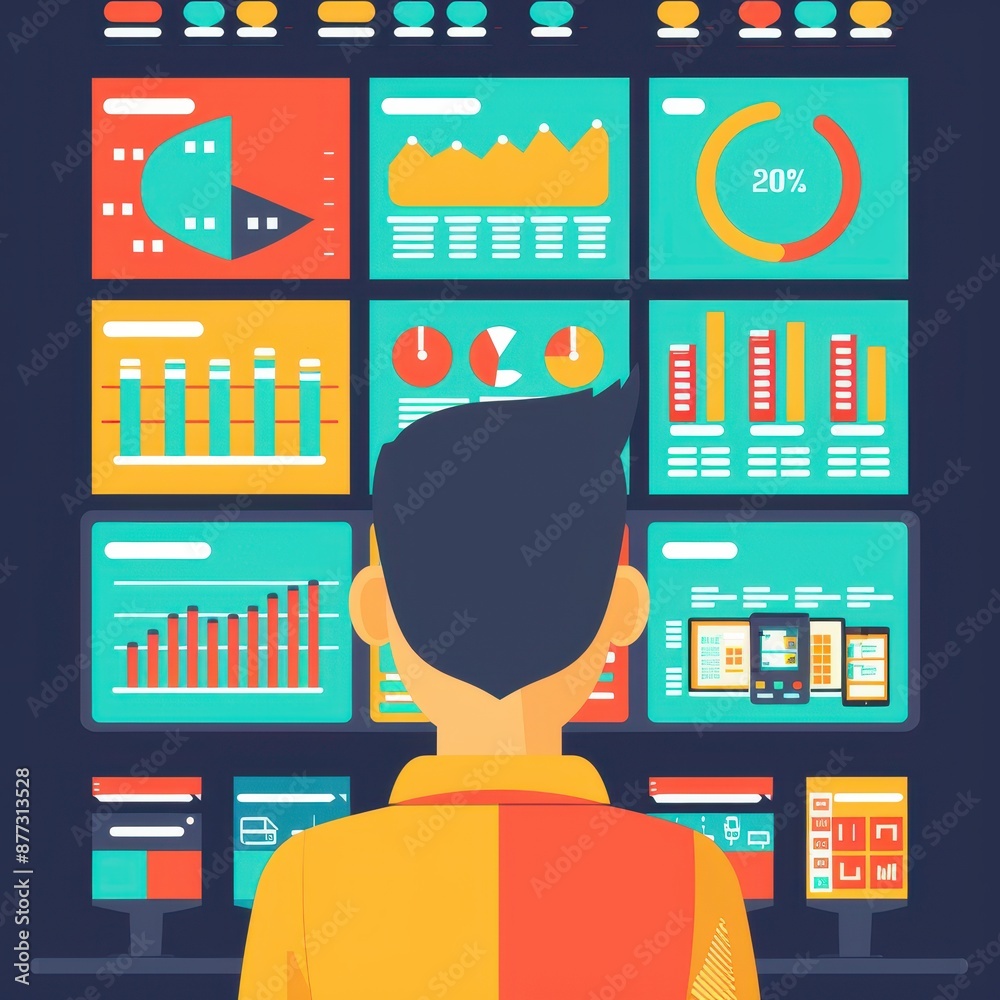 Aufkleber man analyzing data on multiple screens with charts and graphs. concept of data analysis, big data, t