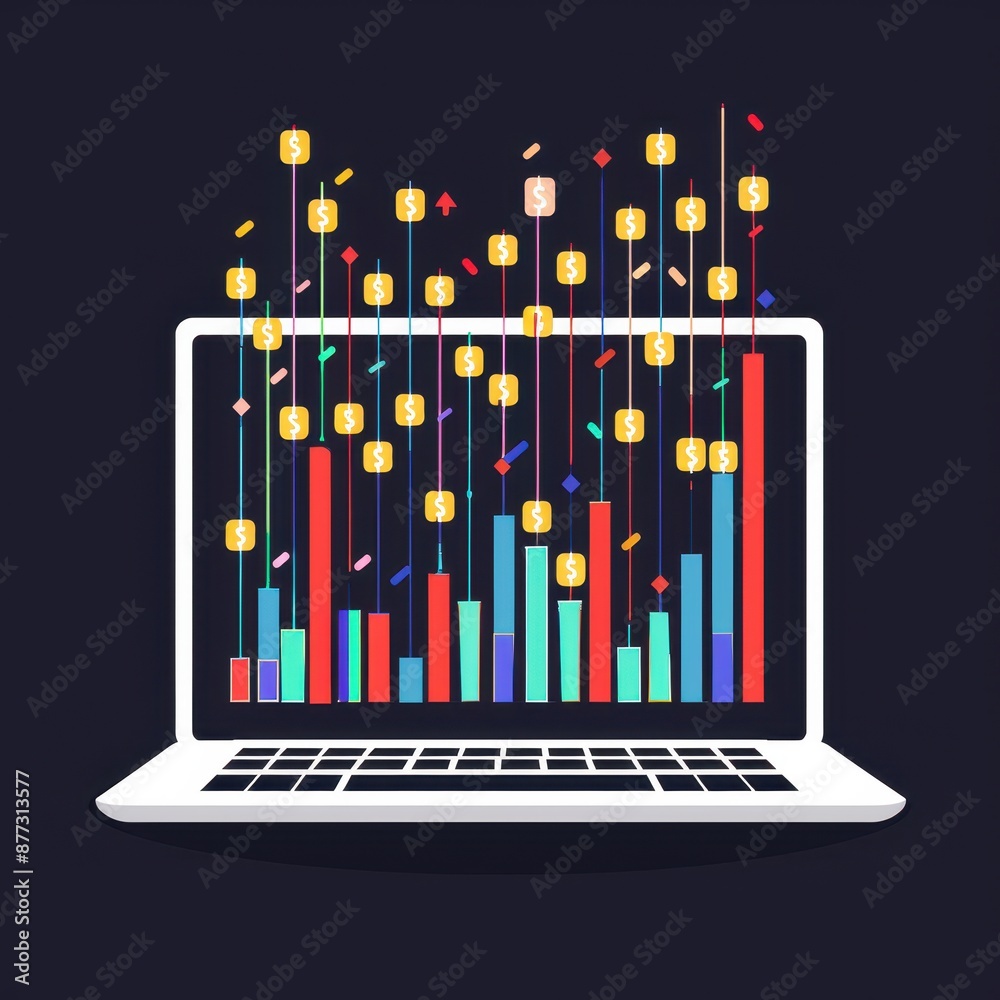 Aufkleber Laptop screen displaying colorful bar graphs and symbols, representing data analysis, statistics, and financial growth concepts.