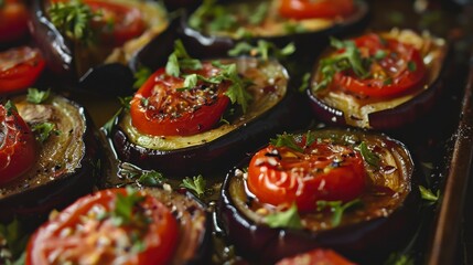 Close-up of roasted eggplant and tomato slices with fresh herbs on a baking sheet