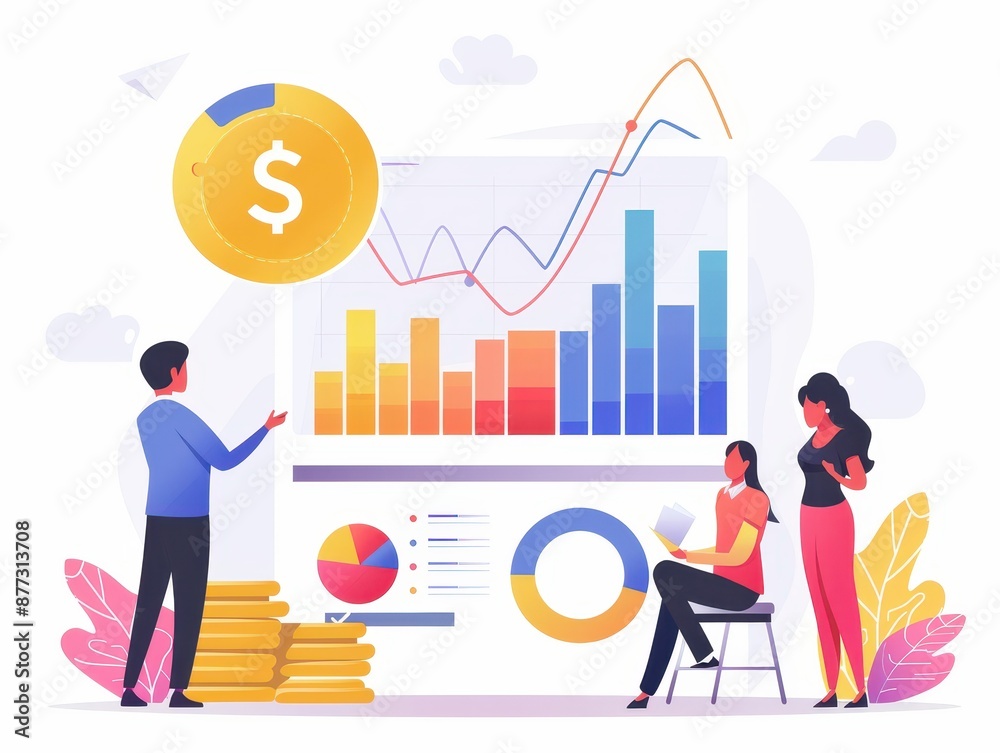 Poster Illustration of team working with business data analytics, graphs, and financial charts. Concept for data analysis and market research.