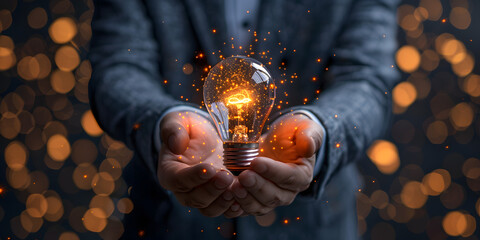 Businessman holding illuminated light bulb with creative innovation concept, inspiration and leadership