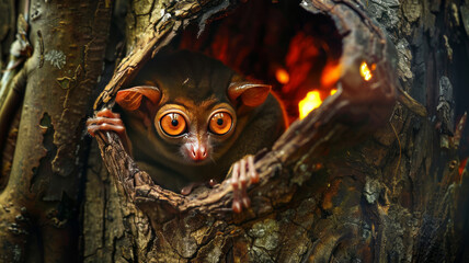 Large eyes of a scared Tarsier visible from a hole in a tree, lush jungle on fire around it.generative ai