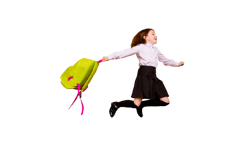 Profile side photo active kid hold hand wear long socks skirt blouse white isolated beige background