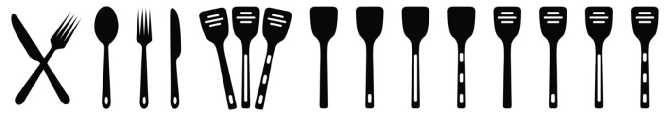 Fork, knife, spoon and plate set icons.