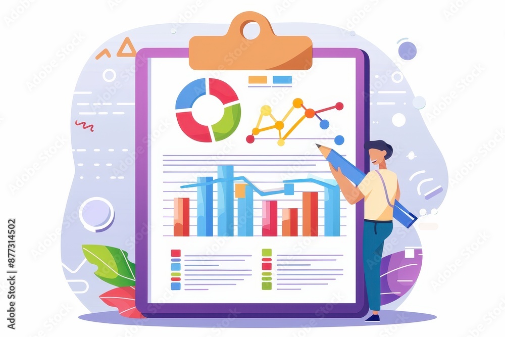 Leinwandbilder Illustration of a person analyzing data on a clipboard with charts and graphs, representing data analytics and business performance.
