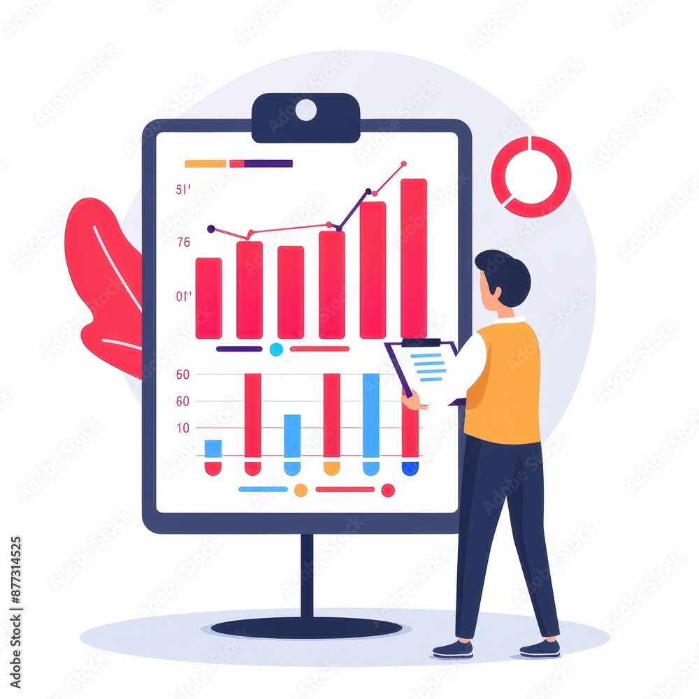Aufkleber illustration of a man analyzing business data charts on a large clipboard, representing data analysi